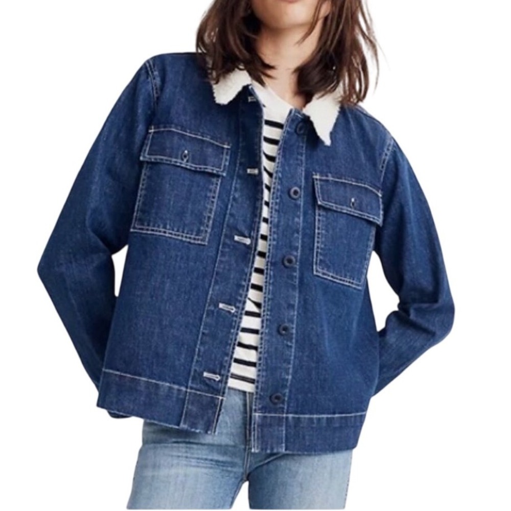 Madewell Northward Army Jacket Sherpa Collar‎ Denim Utility Jacket Women Size L